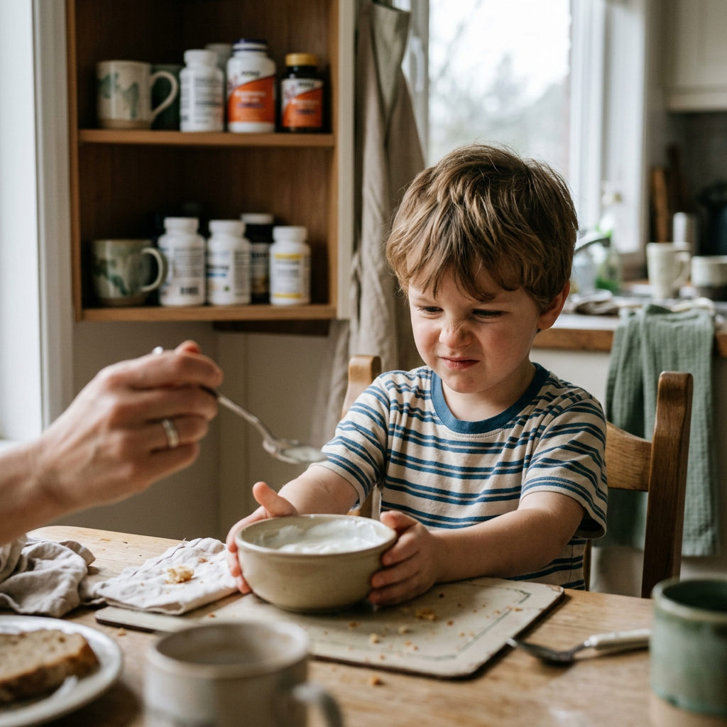 Young boy pushing away a bowl of yoghurt at breakfast while his mother holds a spoon