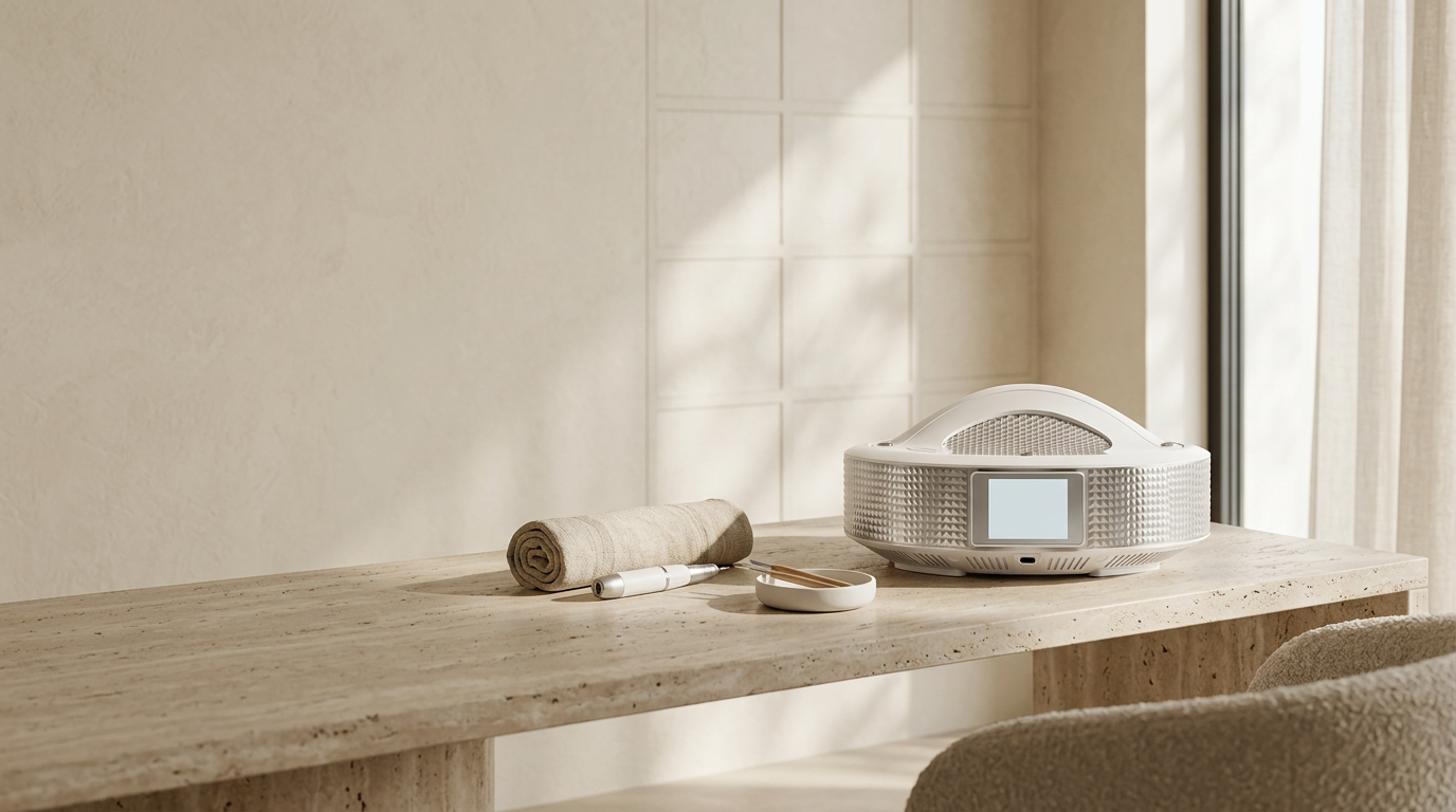 Auvraya Air professional nail dust collector on a travertine nail desk in a sunlit ivory nail studio
