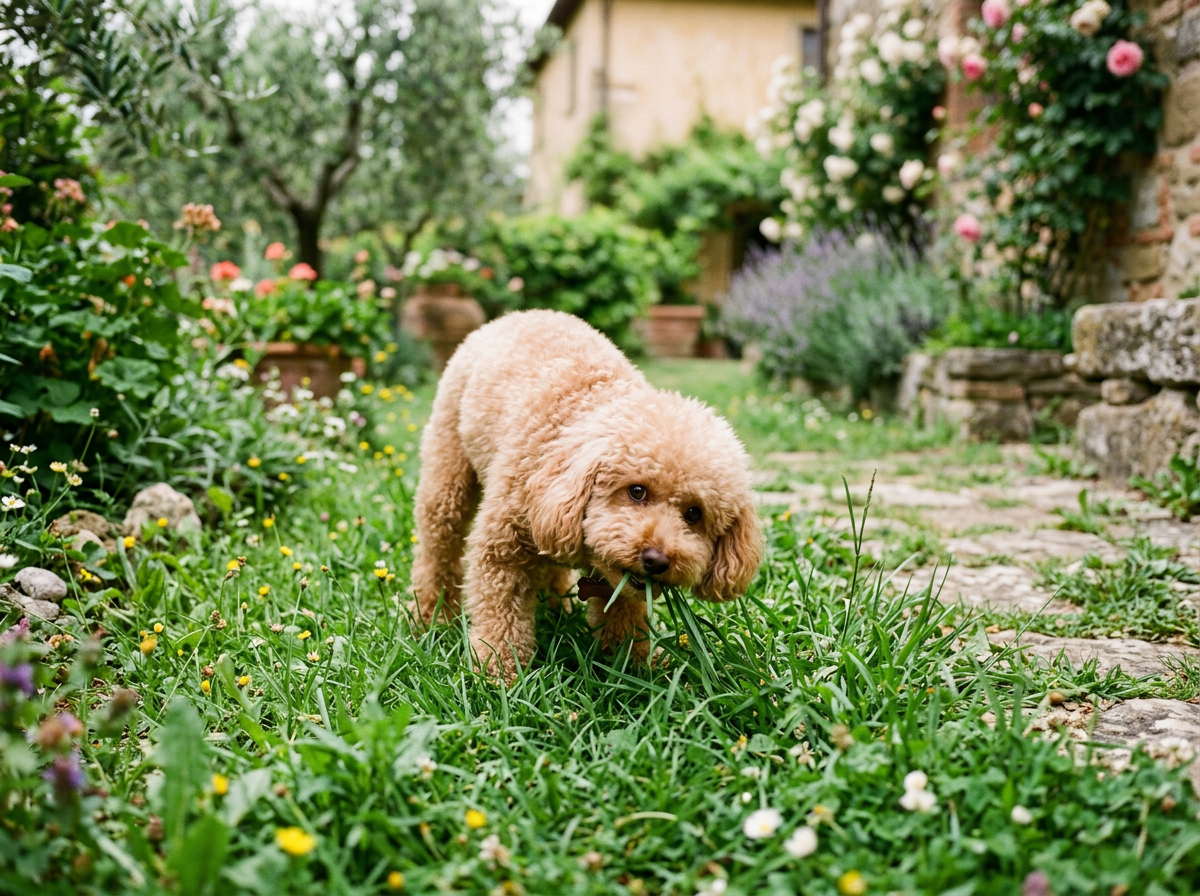 Barboncino che mangia l'erba in giardino