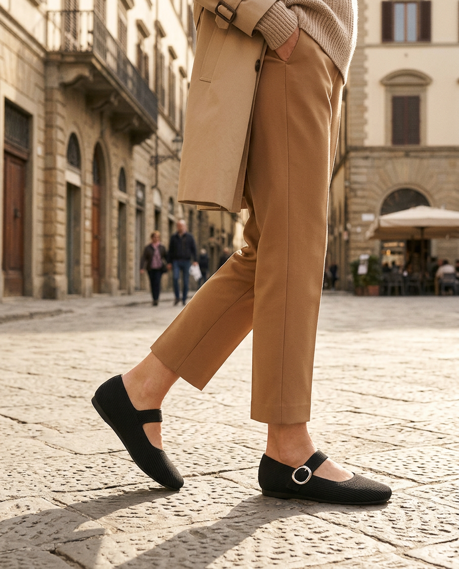 Woman walking a sunny city street in the black Mary Jane comfort flats