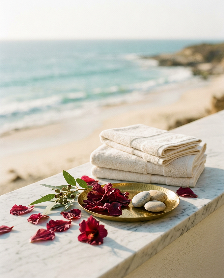 White marble ledge with folded ivory linen, a gold tray, burgundy hibiscus petals and sea stones above a sunlit turquoise ocean