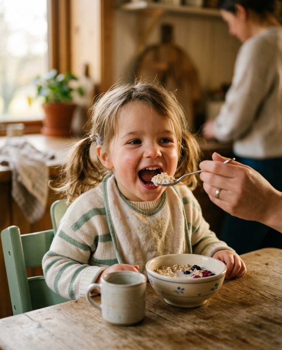 Three-year-old girl eagerly opening her mouth for a spoon at breakfast