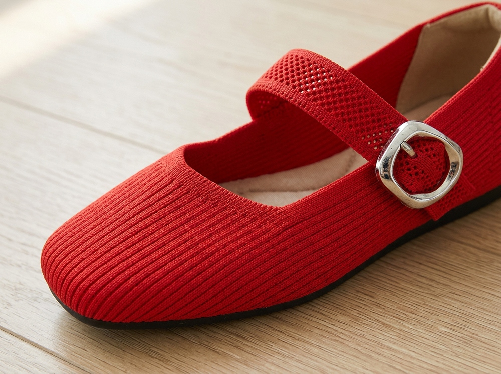 Close-up of the Scarlet Red ribbed knit, breathable strap and silver buckle