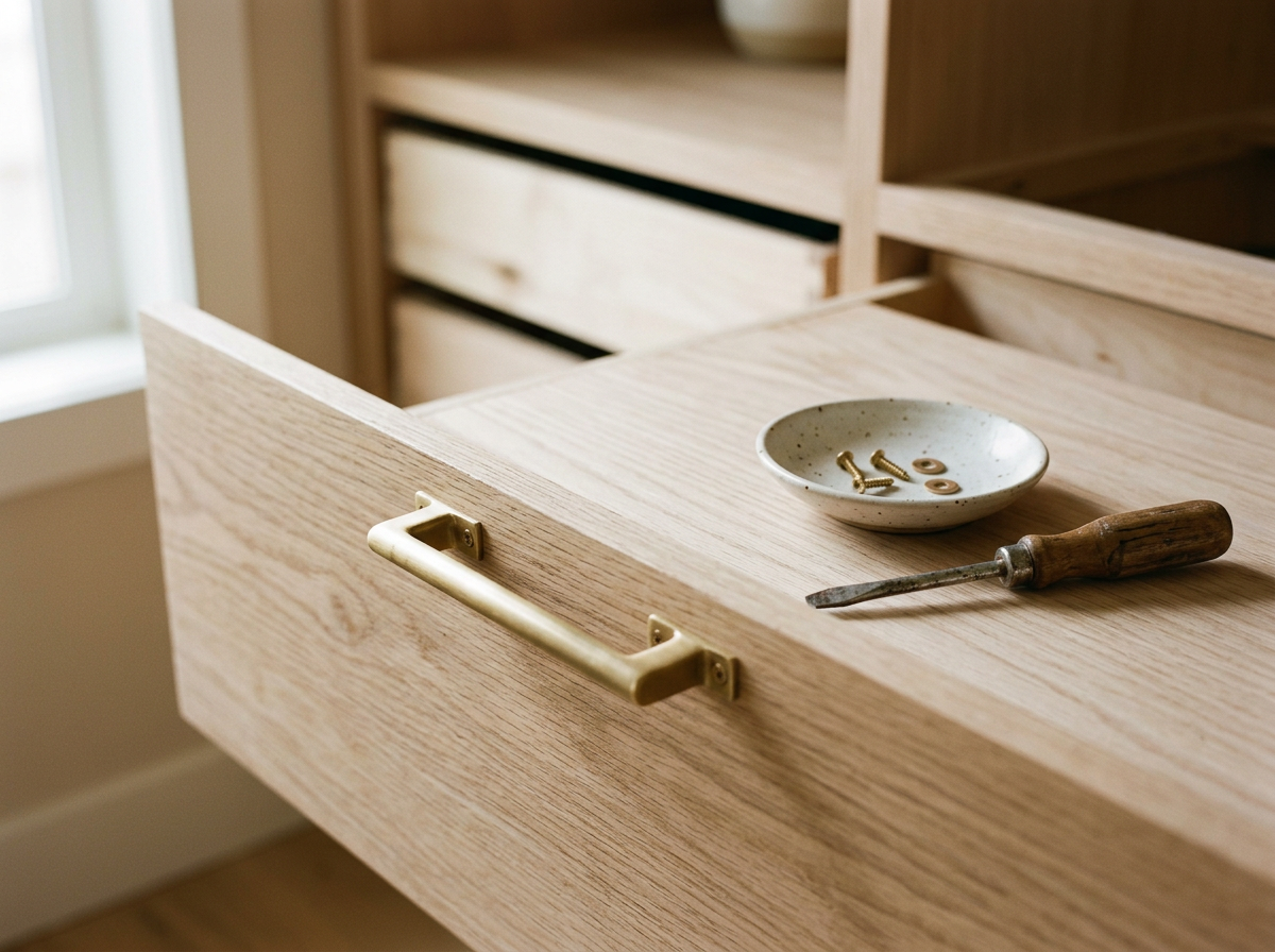 Brass drawer pull and screwdriver on a pale wooden cabinet