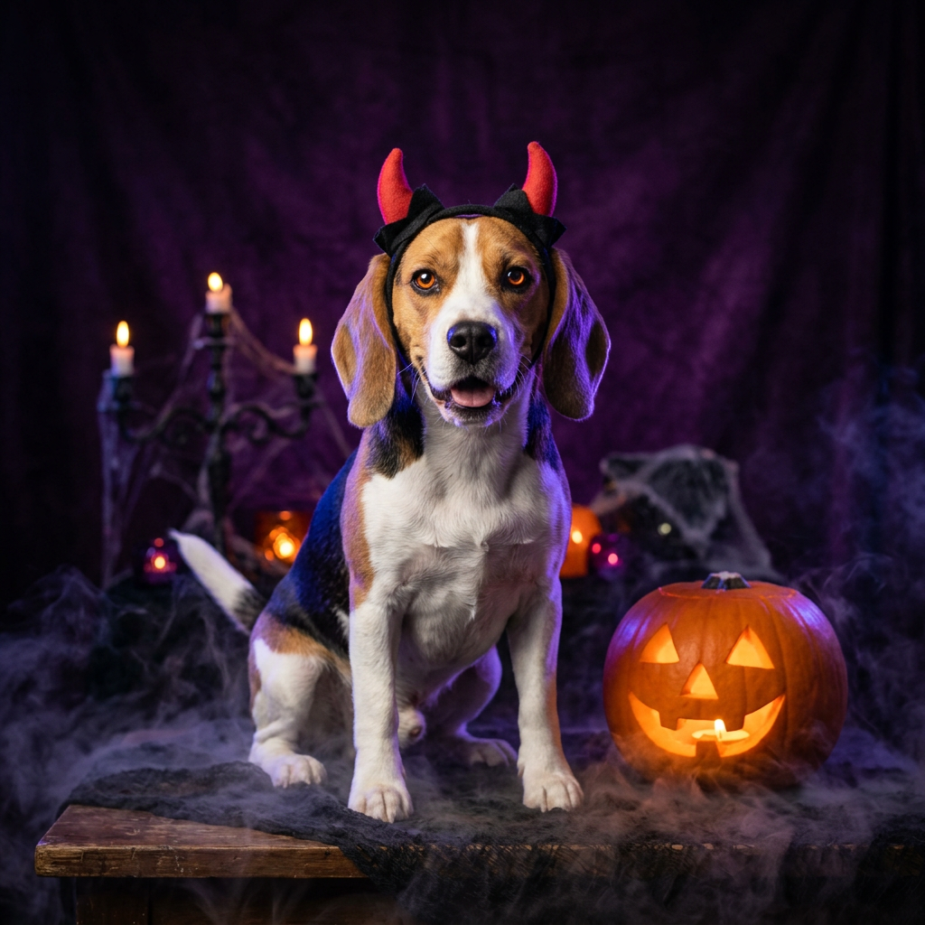 Beagle com fita de chifres de diabo ao lado de uma abóbora iluminada