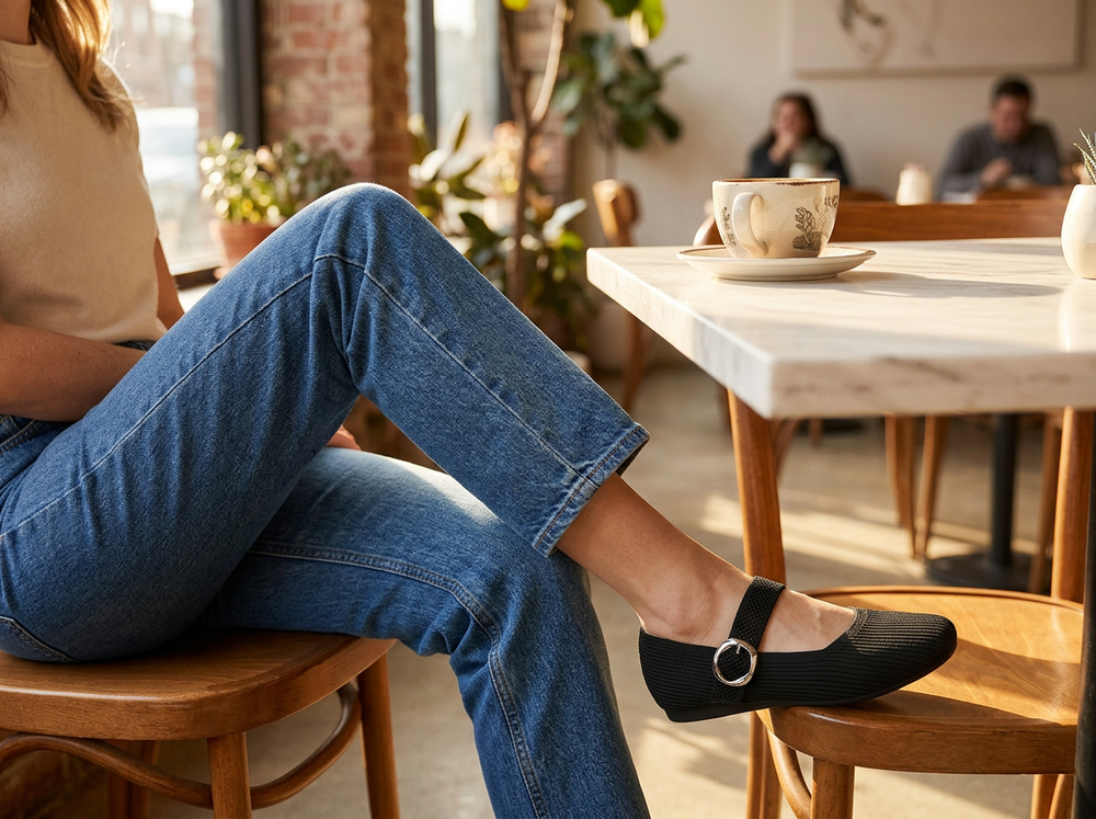 Classic Black Mary Jane Comfort Flats worn with jeans at a café
