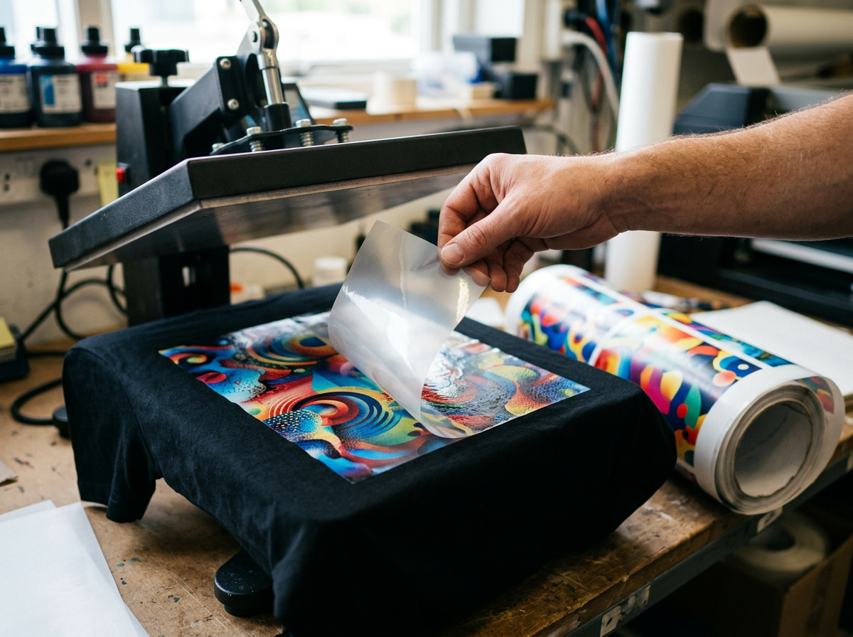 Peeling a freshly pressed full-color DTF transfer off a black t-shirt on a heat press