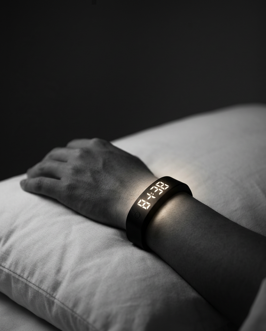 A sleeping person's wrist on a white pillow wearing PulseWake, its LED display softly glowing