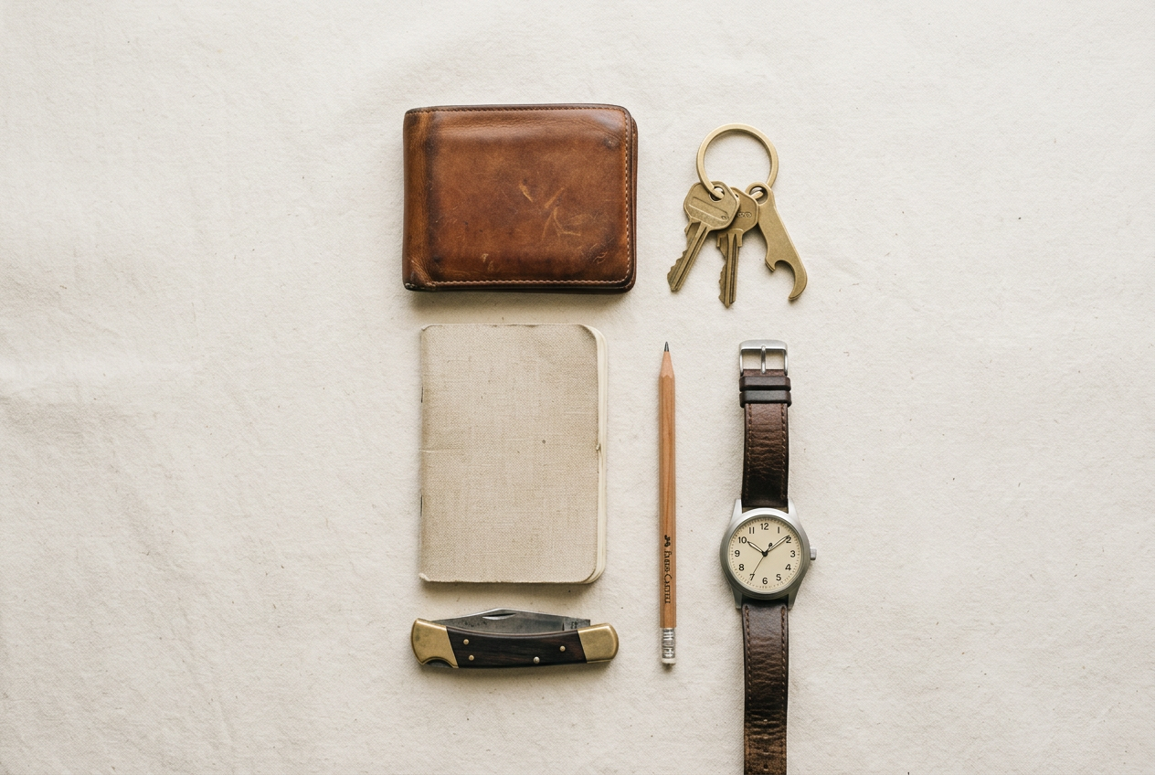 Everyday carry items — leather wallet, keys, notebook, pencil and watch — laid out on linen