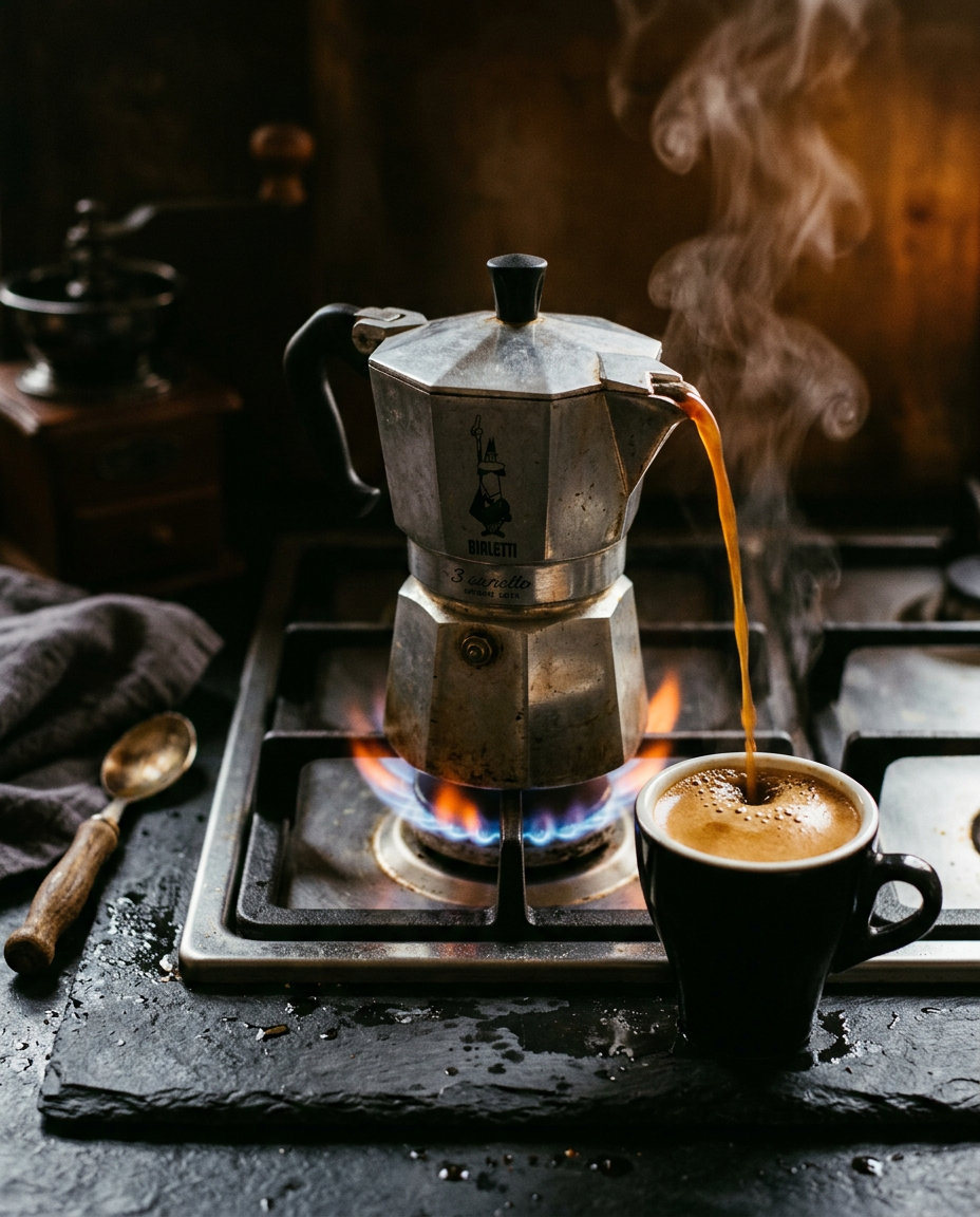 A stovetop moka pot on a gas flame with coffee bubbling up beside a small cup of espresso