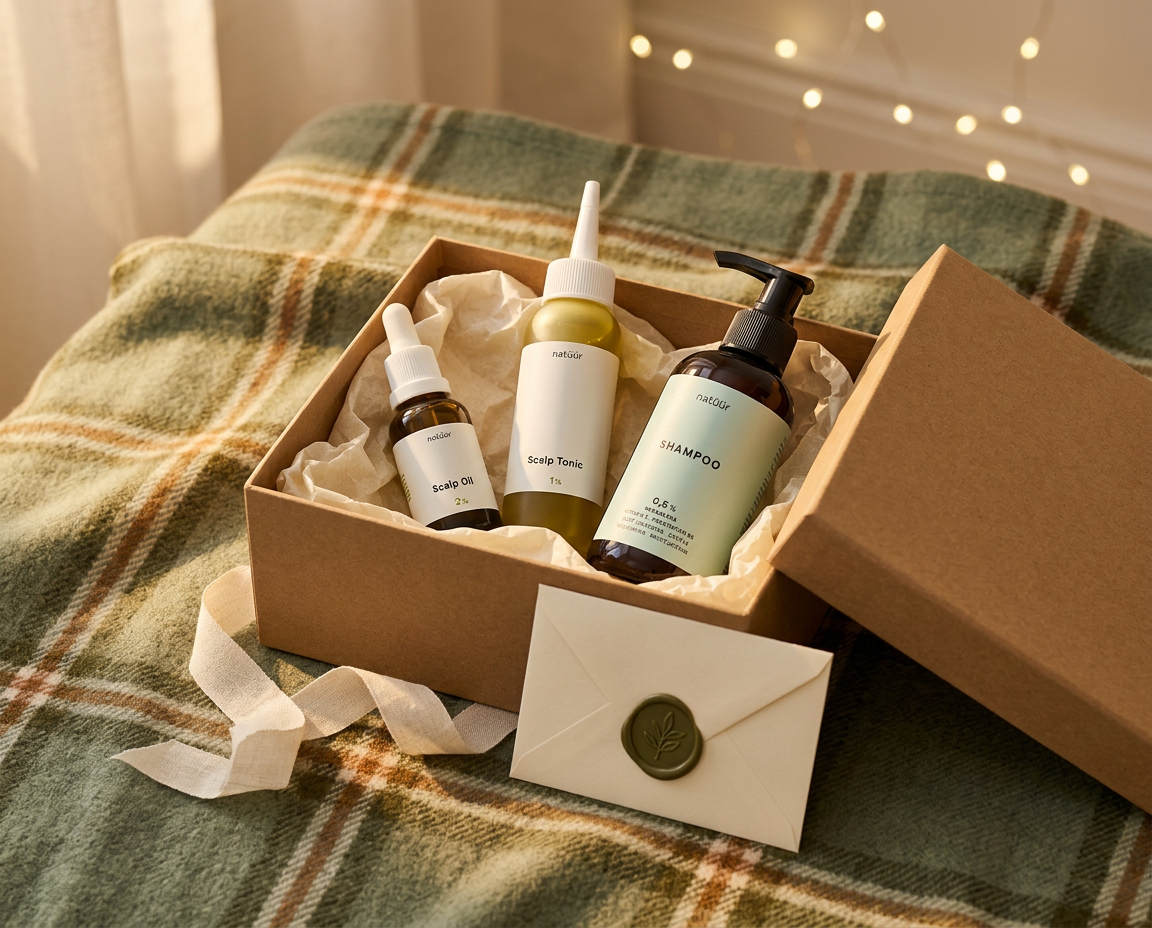 natüür Happy Scalp Set – Scalp Oil, Scalp Tonic und Shampoo ausgepackt in einer Geschenkbox aus Kraftpapier mit wachsversiegeltem Umschlag auf einer grünen Karodecke