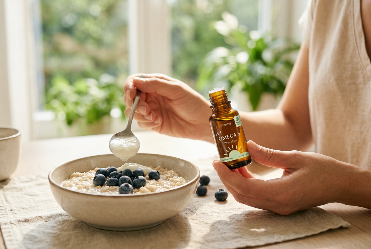 Mother holding the Kids Omega 3 bottle and a spoon of yoghurt at the breakfast table