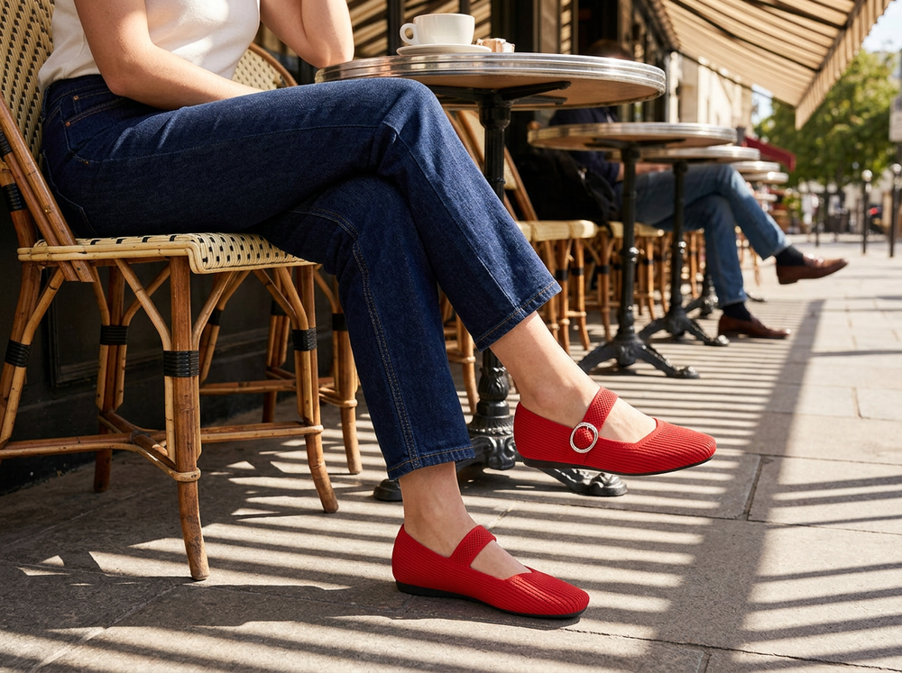 Scarlet Red Mary Jane Comfort Flats worn with dark jeans at an outdoor café