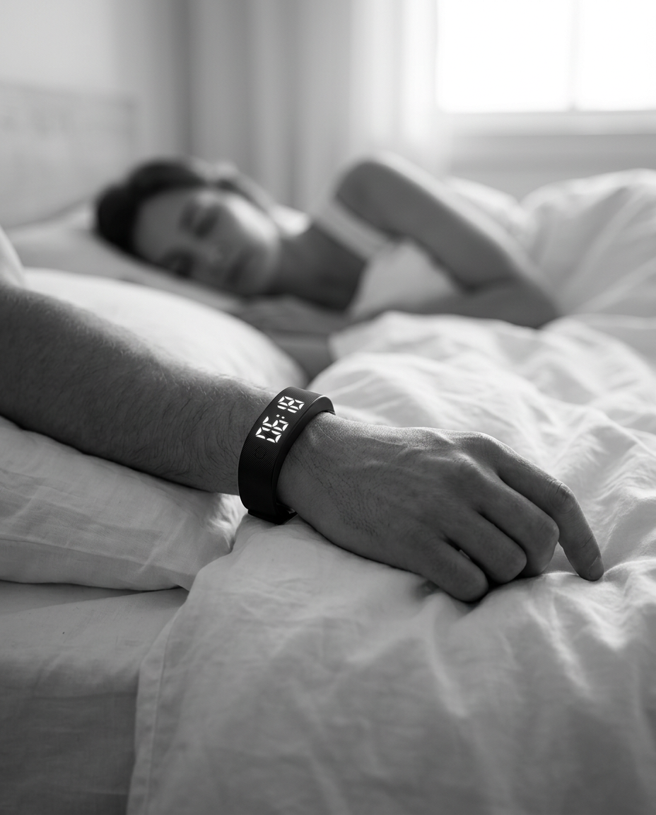 PulseWake worn in bed while a partner sleeps undisturbed