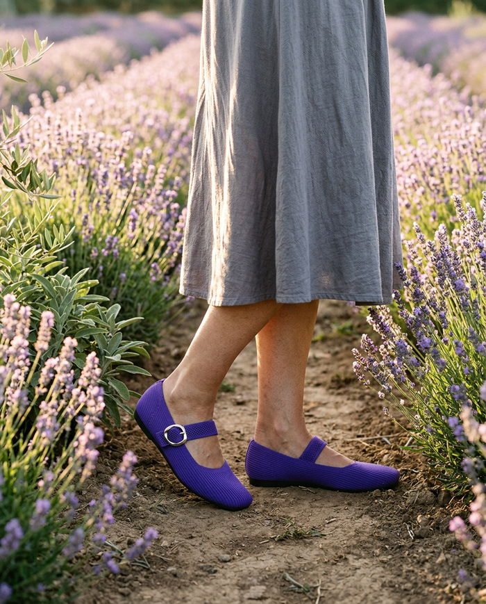 Strolling through a lavender garden in the Royal Purple Mary Jane comfort flats