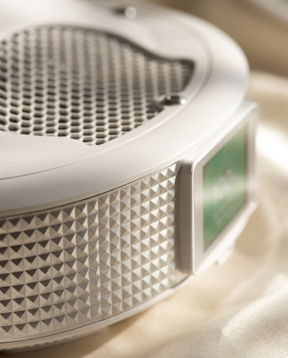 Close-up of the faceted silver band and honeycomb mesh intake of the Auvraya Air