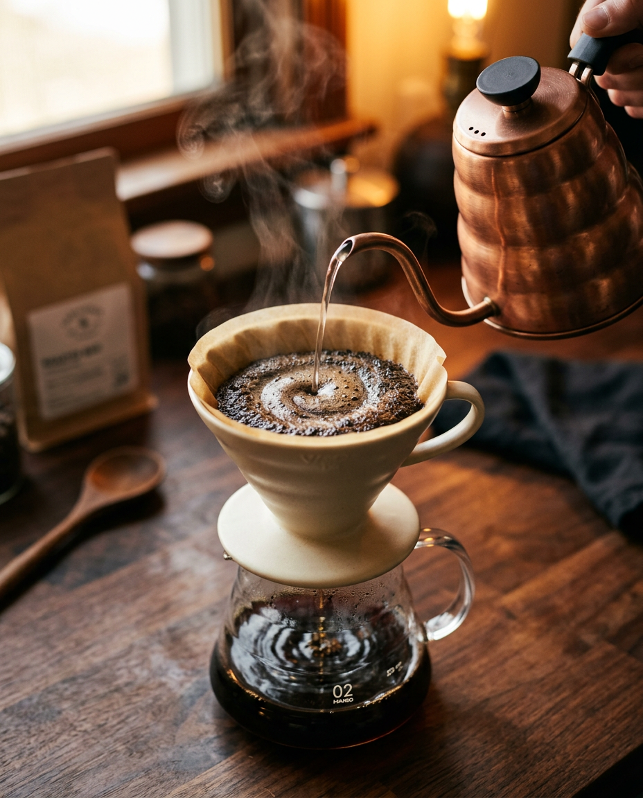 Hot water pouring in a slow spiral onto blooming coffee grounds in a pour-over dripper