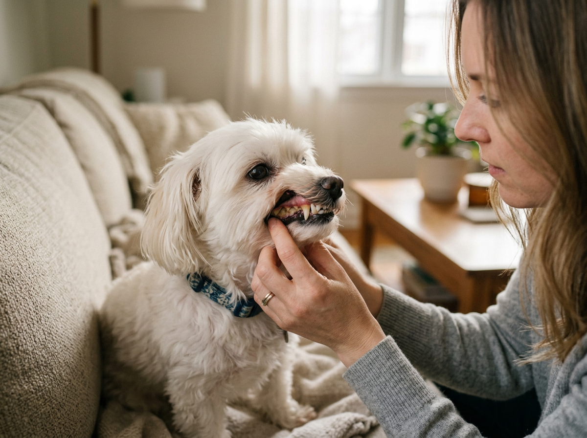 Padrona che solleva delicatamente il labbro del suo cagnolino bianco sul divano per controllare i denti, ingialliti dal tartaro alla base