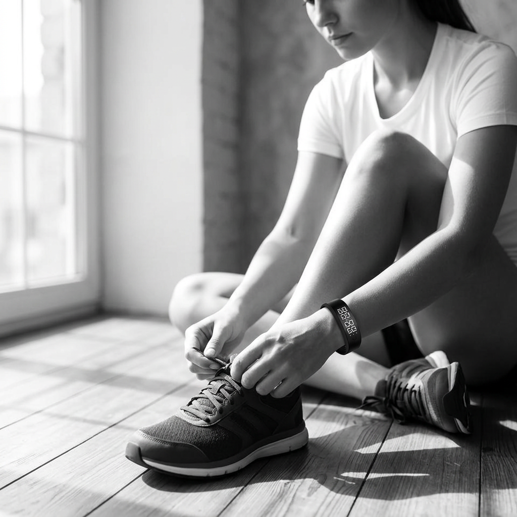 Person tying running shoes in the morning while wearing PulseWake