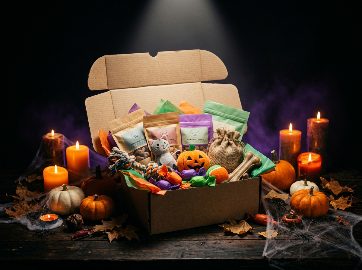 Caixa de oferta aberta com snacks, brinquedos e guloseimas para animais, rodeada de abóboras, velas e teias de aranha