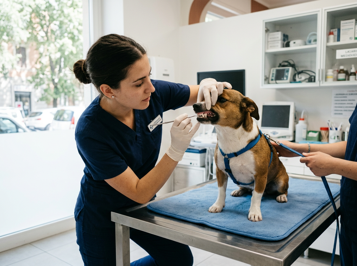 Veterinaria che controlla denti e gengive di un cane in ambulatorio