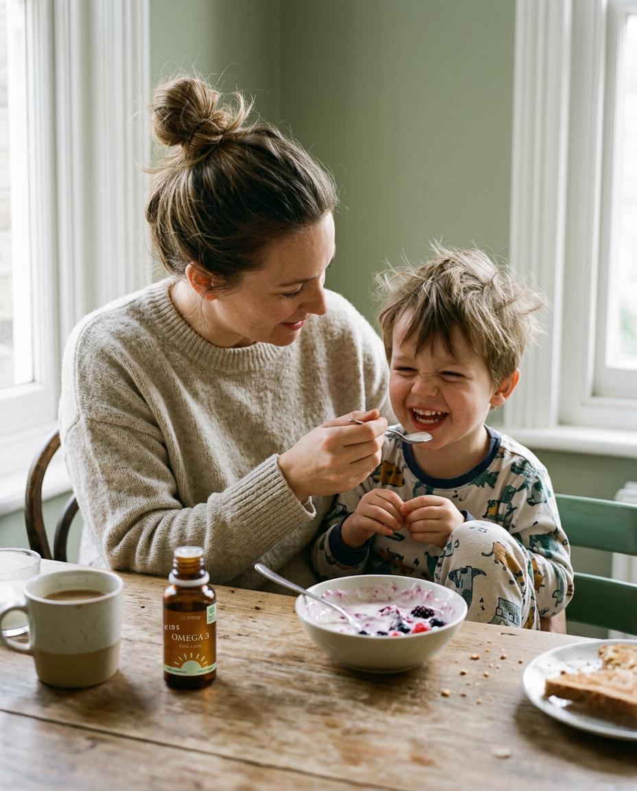 Mother giving her laughing son a spoon of omega-3 drops at the breakfast table, with the bottle beside a bowl of yoghurt