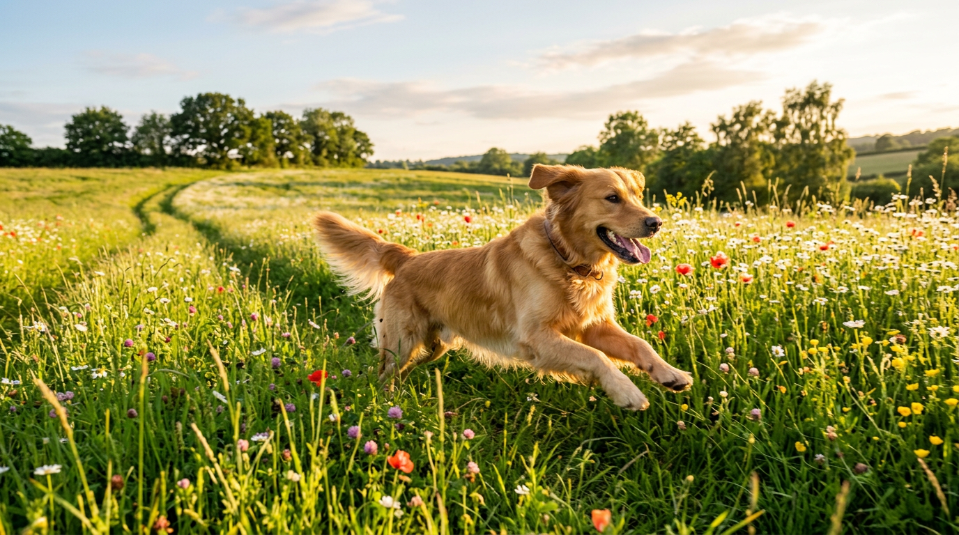Golden retriever felice e in salute che corre in un prato fiorito