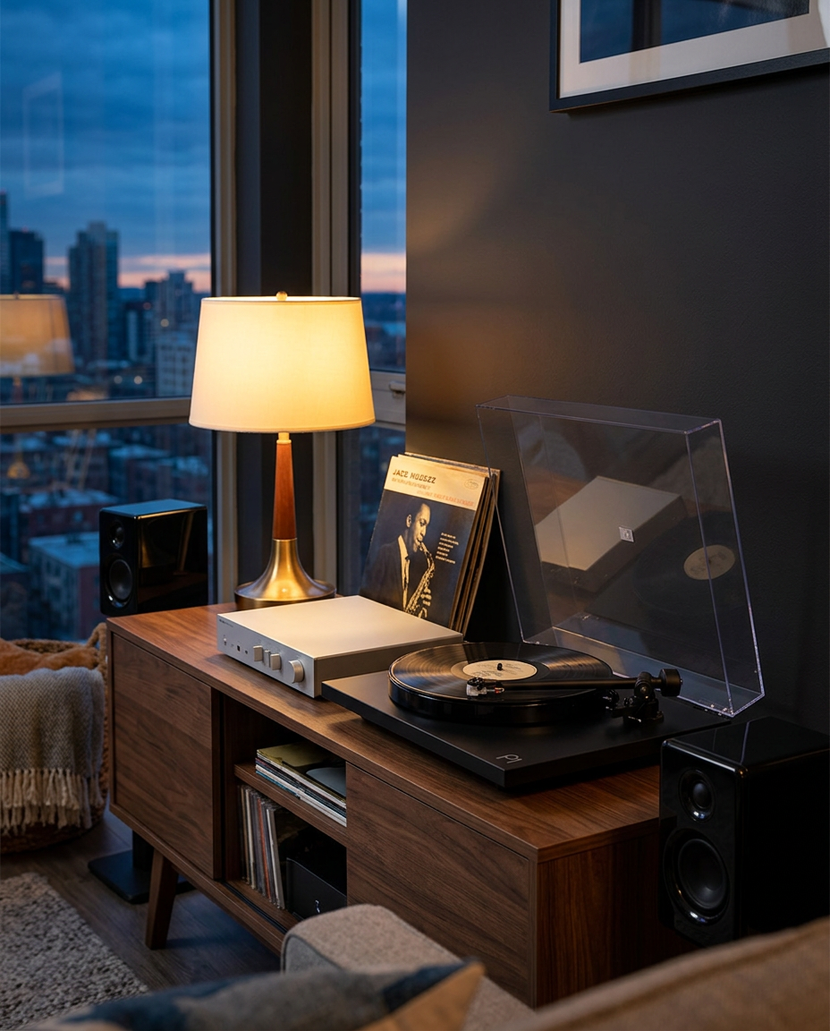 Rega Planar 1 turntable with a Cambridge AXA35 amplifier and compact SVS Prime Satellite speakers on a walnut console
