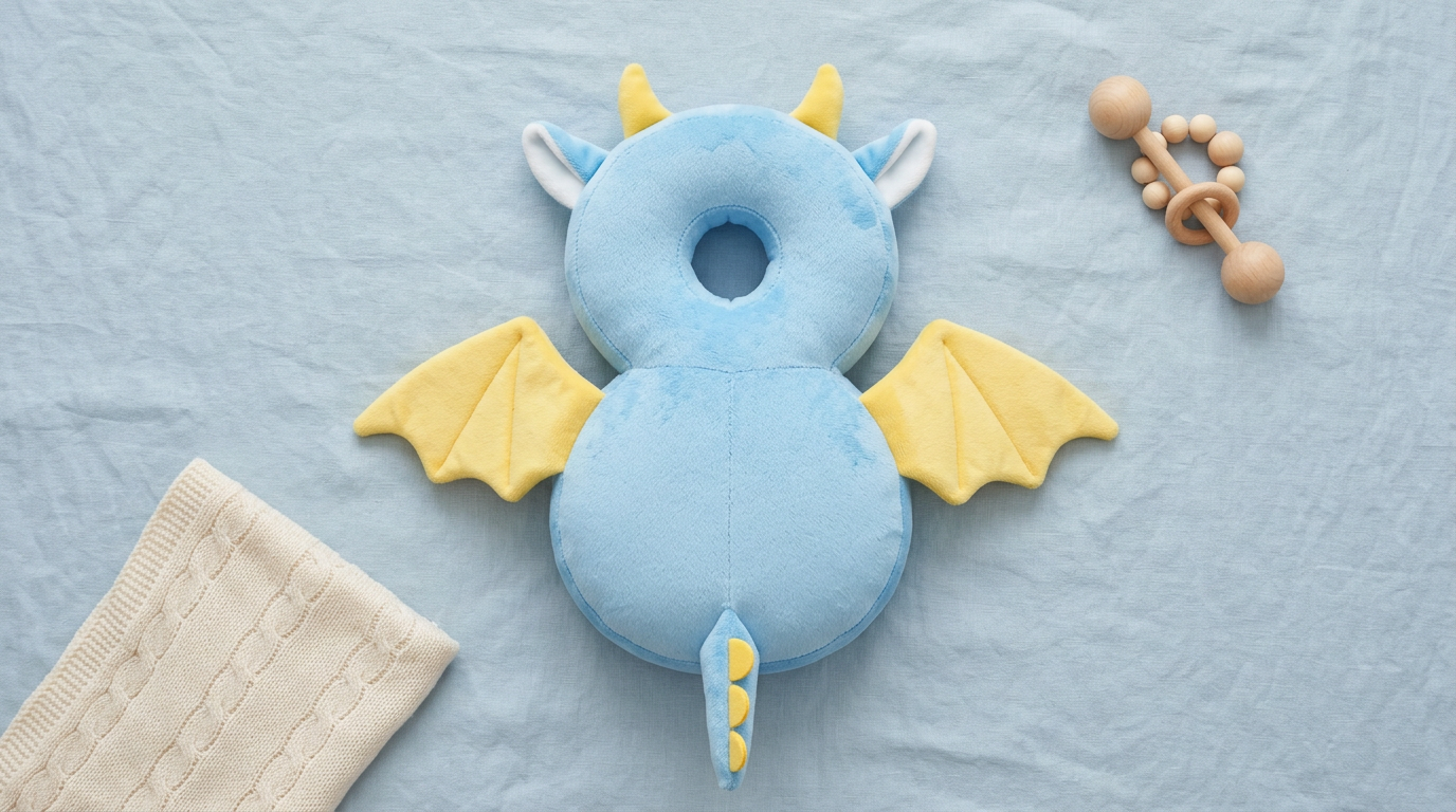 Blue dragon baby head protector laid flat with its adjustable shoulder straps