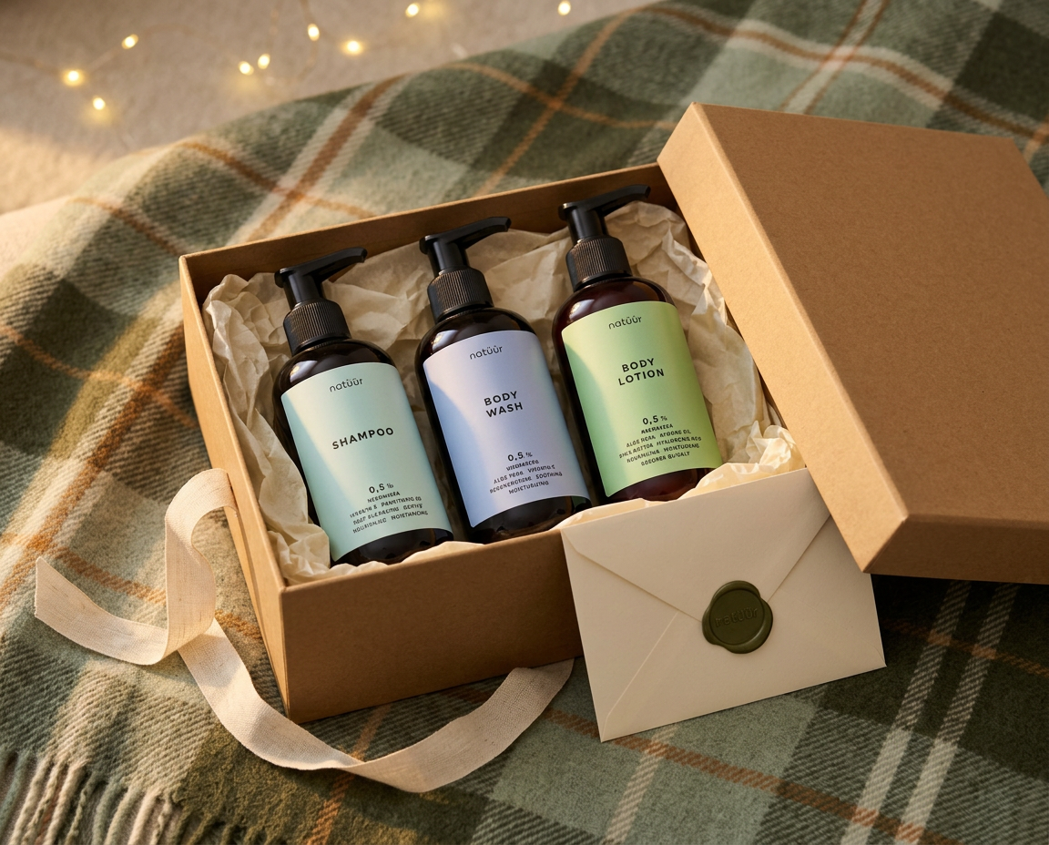 natüür Body Care Routine – Shampoo, Body Wash und Body Lotion ausgepackt in einer Geschenkbox aus Kraftpapier mit wachsversiegeltem Umschlag auf einer grünen Karodecke