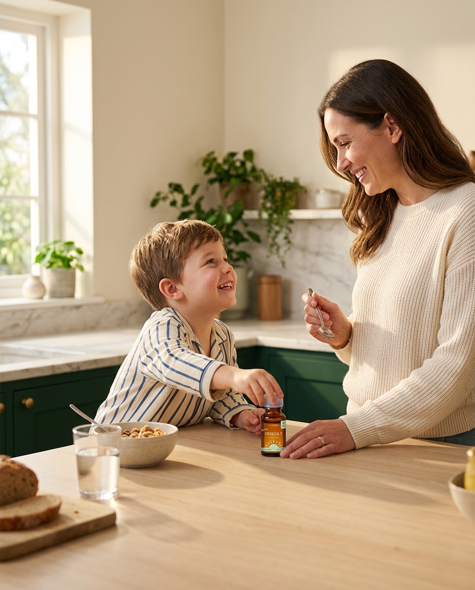 Smiling boy reaching for the omega-3 bottle at the kitchen counter