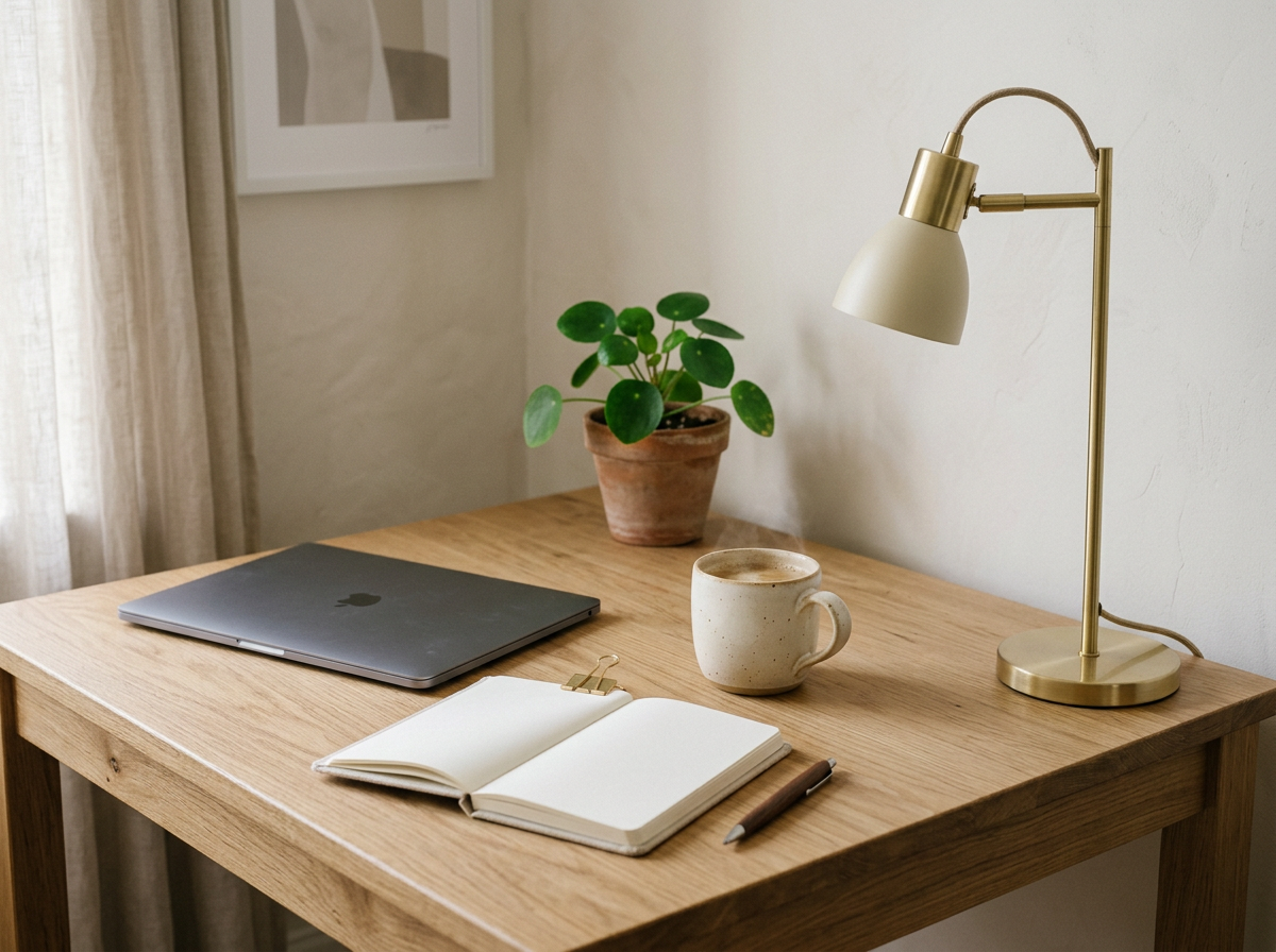 Tidy oak desk with laptop, notebook, mug, lamp and a small plant
