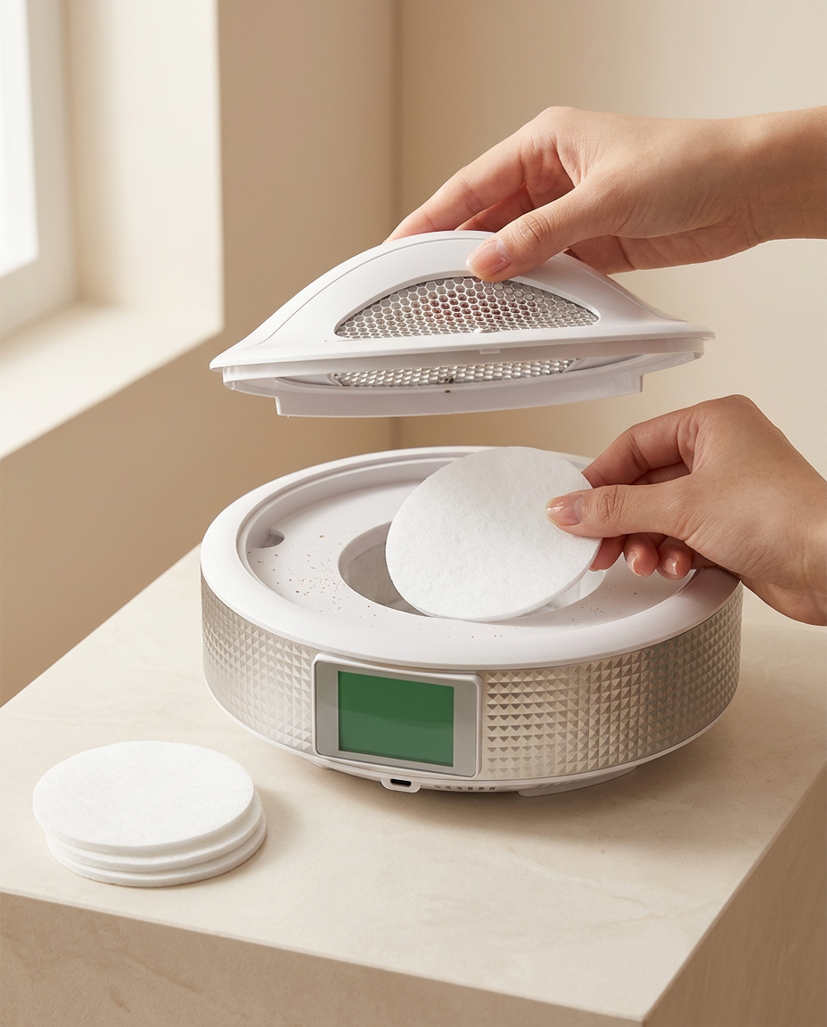 Hands placing a fresh disposable filter pad inside the Auvraya Air dust collector