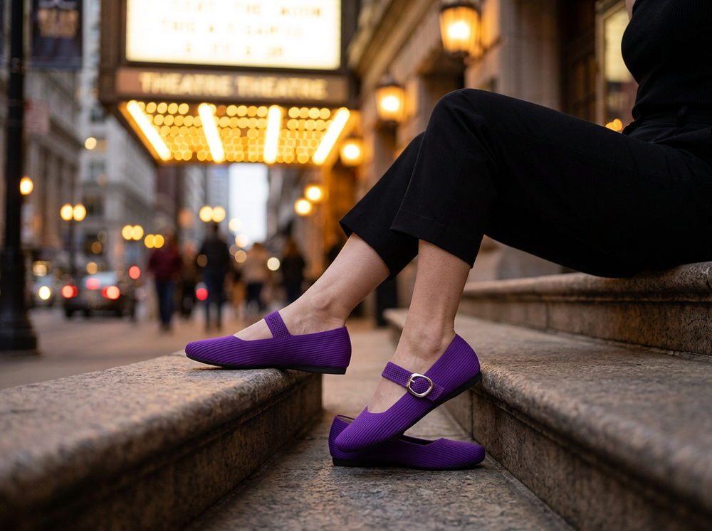 Royal Purple Mary Jane Comfort Flats worn with black trousers on an evening out