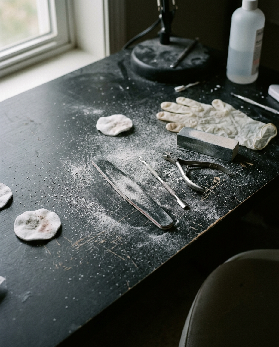 A dark nail workstation covered in fine acrylic dust, used files and scattered tools