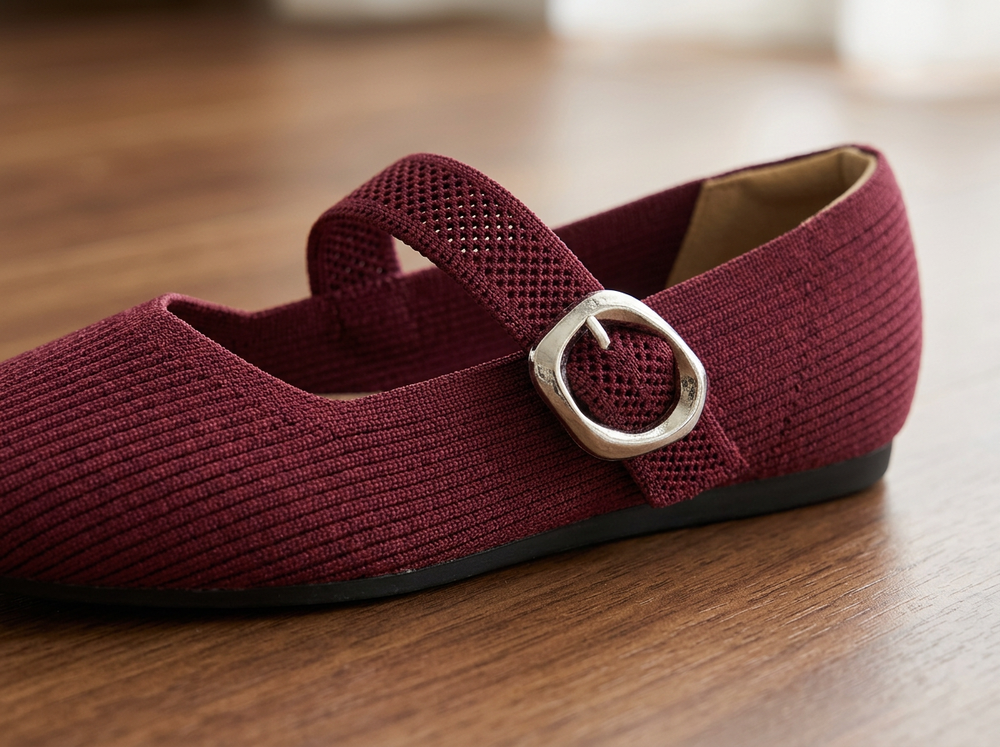 Close-up of the Rich Burgundy ribbed knit, breathable strap and silver buckle