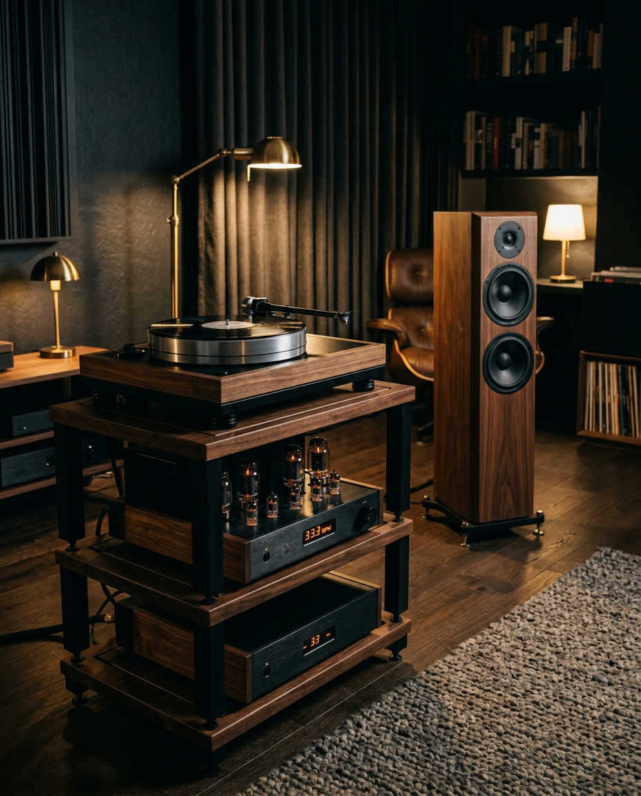 High-end turntable on an equipment rack with separate amplifier components and floorstanding speakers