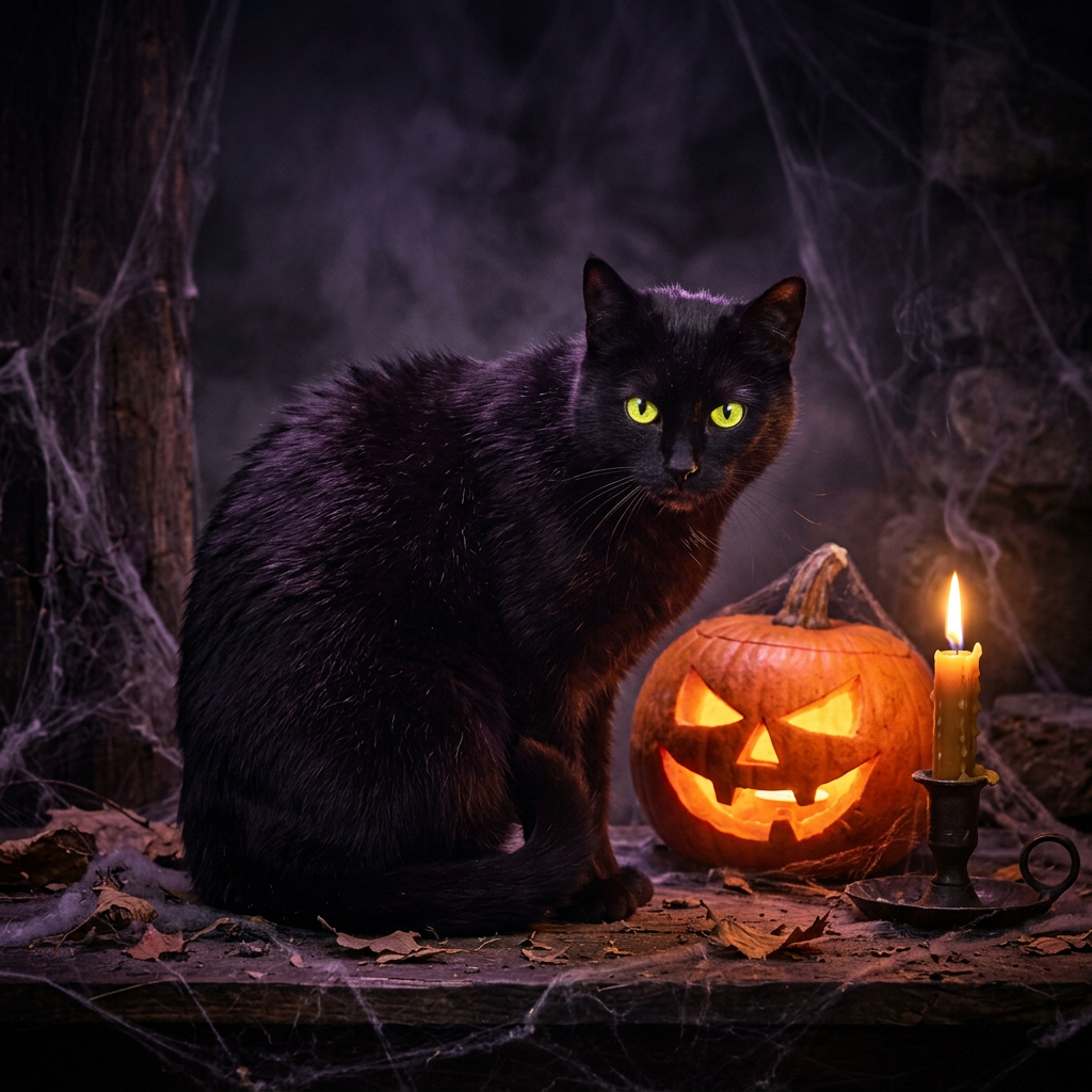Gato preto de olhos brilhantes junto a uma abóbora iluminada e uma vela
