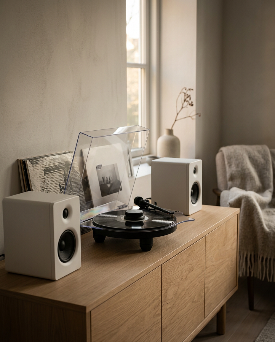 Rega Replay turntable with a pair of white Kanto YU4 speakers on an oak credenza