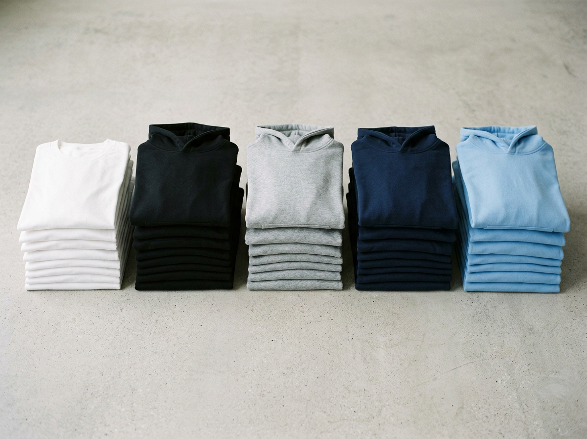Folded blank t-shirts and hoodies stacked by color: white, black, grey, navy and light blue