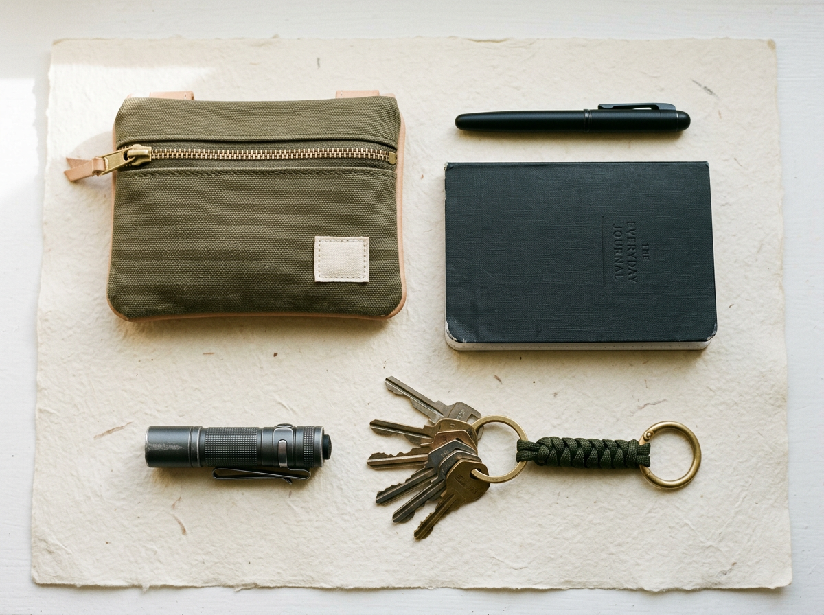 Canvas pouch, keys, pen, torch and notebook on cream paper