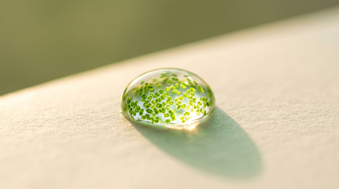 Close-up of a single water drop filled with tiny green microalgae cells, catching warm golden light