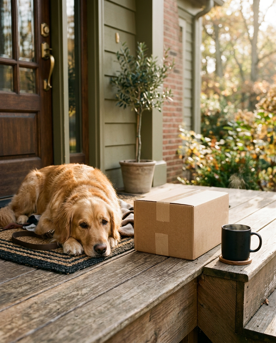 A golden retriever resting on a sunny front porch beside a delivered shipping box and a steaming mug of coffee
