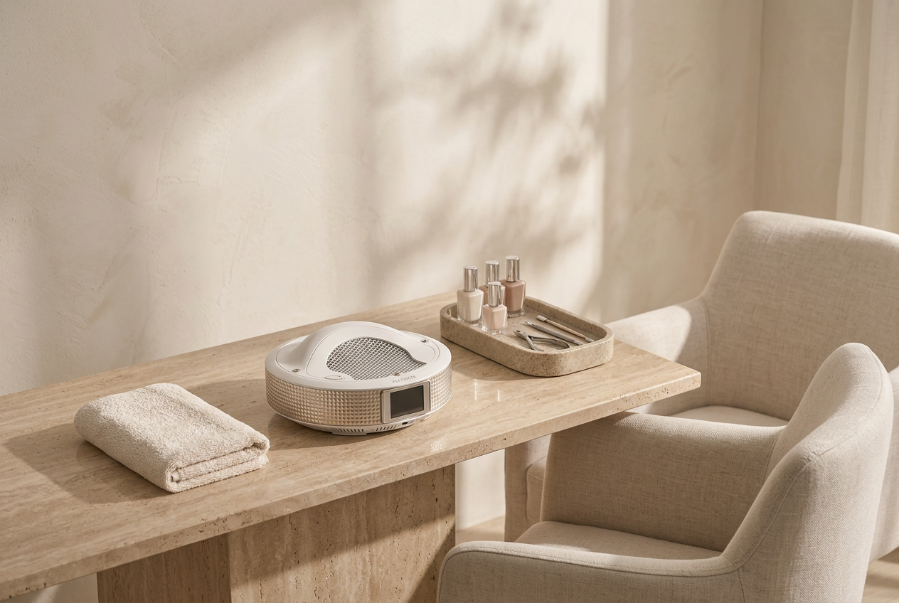 A serene professional manicure workstation with the AUVRAYA Air on a travertine desk beside a linen chair