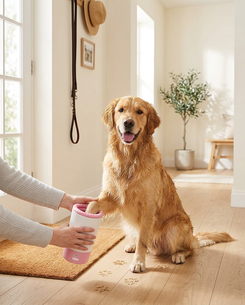 Golden retriever getting its paw washed with a pink electric paw cleaner