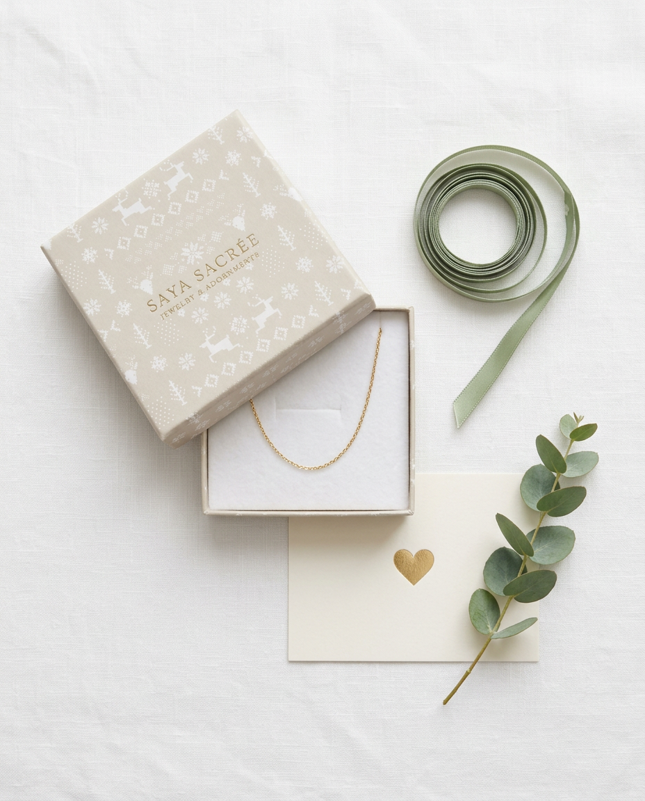 Feestelijk SAYA cadeaudoosje met een gouden ketting, een kaartje met gold foil hartje en eucalyptus