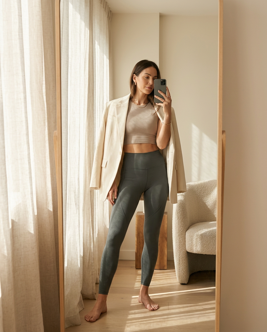 Creator taking a mirror selfie in High Waist Power Leggings and a cream blazer