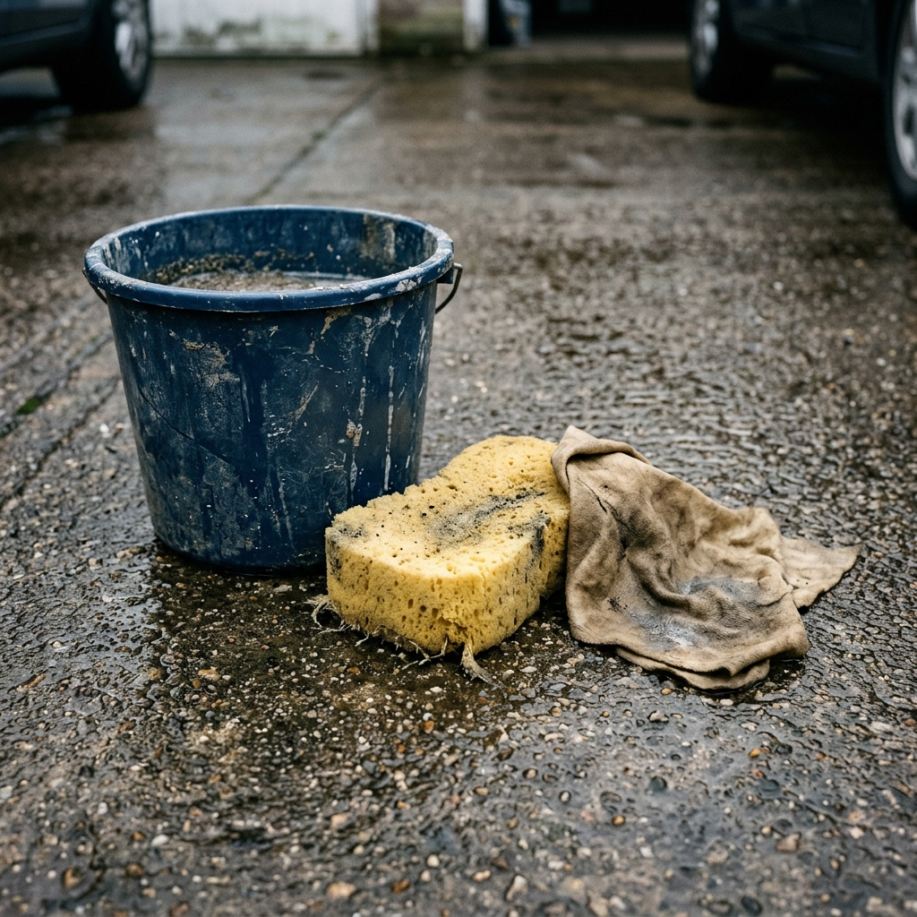 Worn household sponge next to a bucket