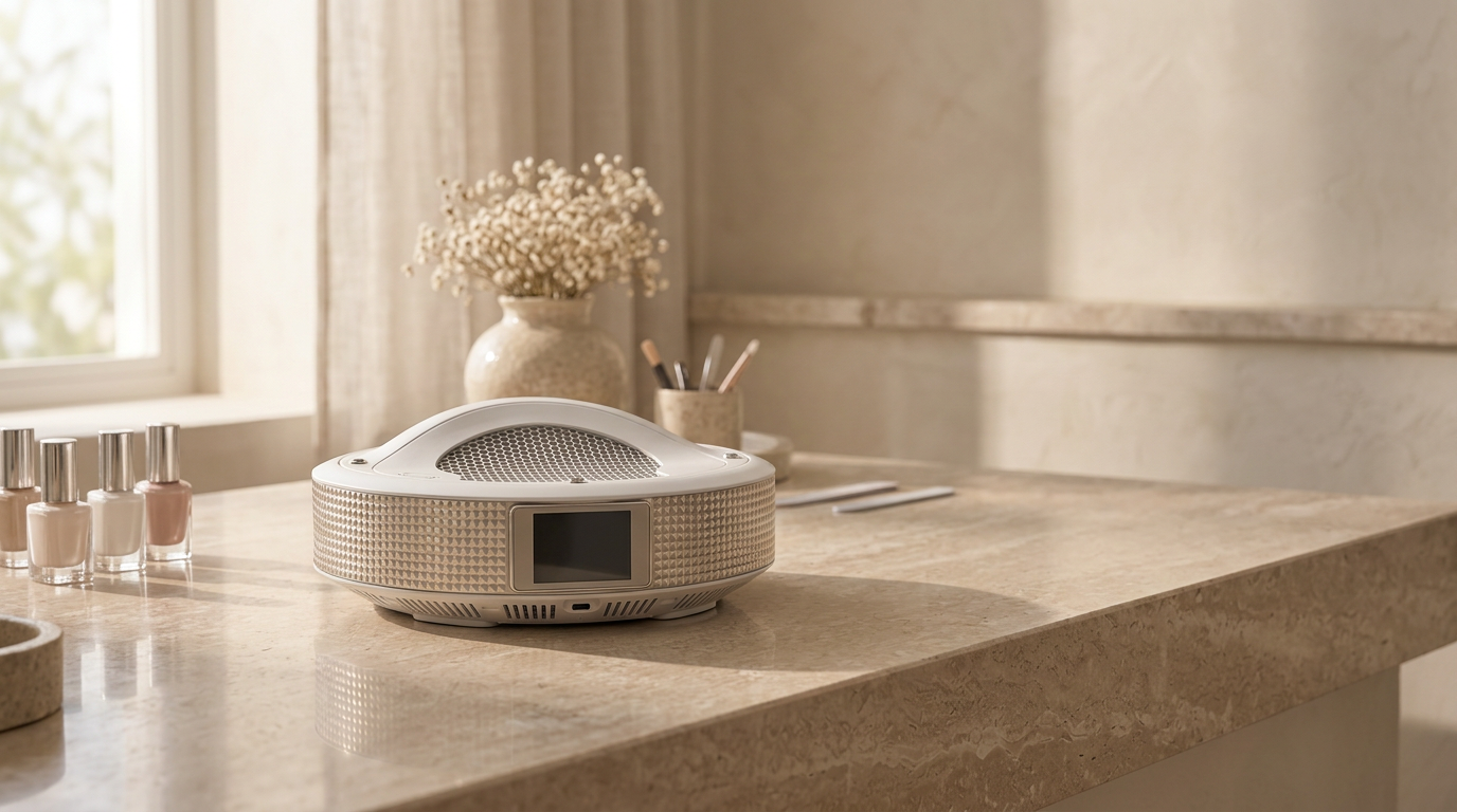 AUVRAYA Air nail dust collector resting on a travertine counter in a sunlit ivory nail studio