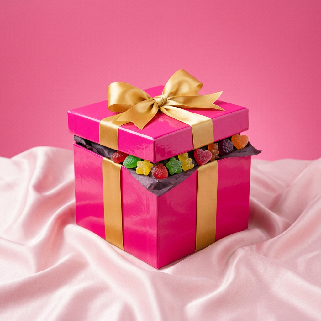 Roze cadeaudoos met gouden strik vol gekleurde gummies